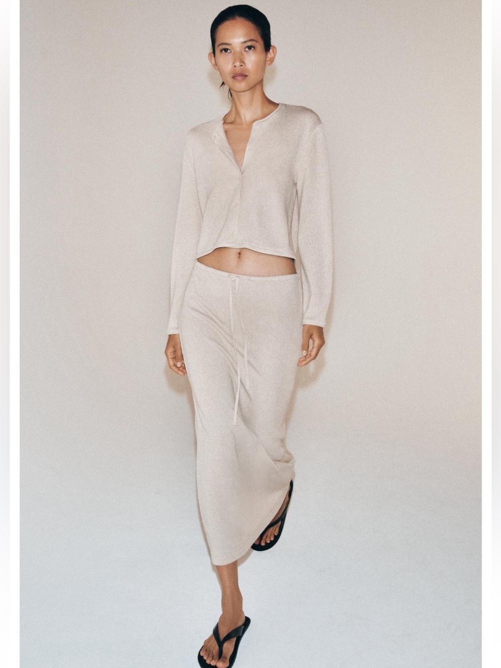 Zara 2pcs Minimal Cream Knit Maxi Skirt with matching jacket